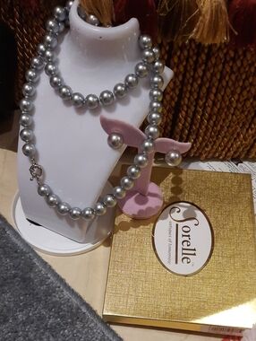 NWT GENUINE SORELLE PEARLS & EARRINGS MASSIVE 12MM 30" RHODIUM SENORA CLASP